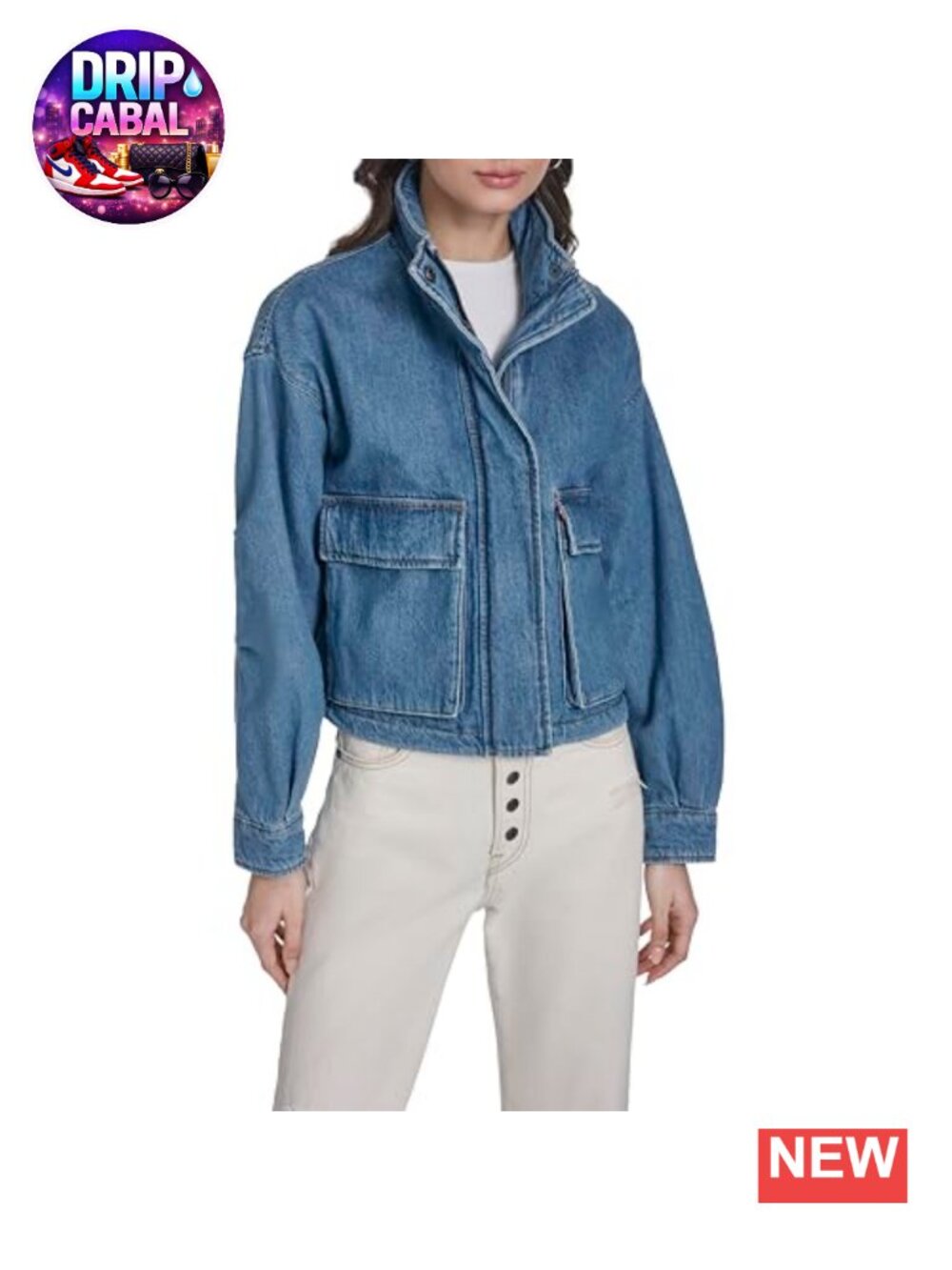 Cropped Cotton Surplus Jacket Stand Collar Zip Snap Pockets